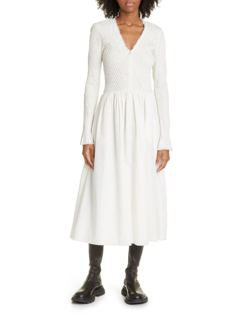 🆕SEA NEW YORK Casey Smocked Long Sleeve Midi Dress White 10